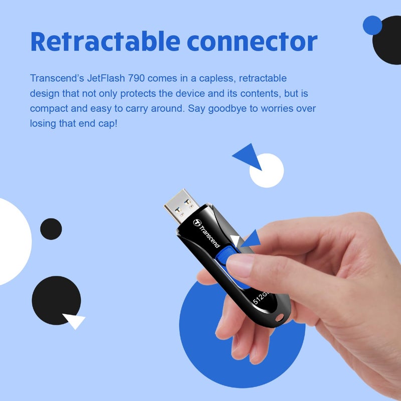 Transcend فلاش درايف ترانسند JF790 سعة 128 جيجابايت، لجهاز الكمبيوتر/ماك/لابتوب/ويندوز/حاسوب/سطح المكتب/تلفاز/صوت السيارة، ذاكرة USB3.2 Gen1، وحدات تخزين البيانات مع موصل قابل للسحب، متوافق مع USB2.0/3.0/3.1 - Image 2